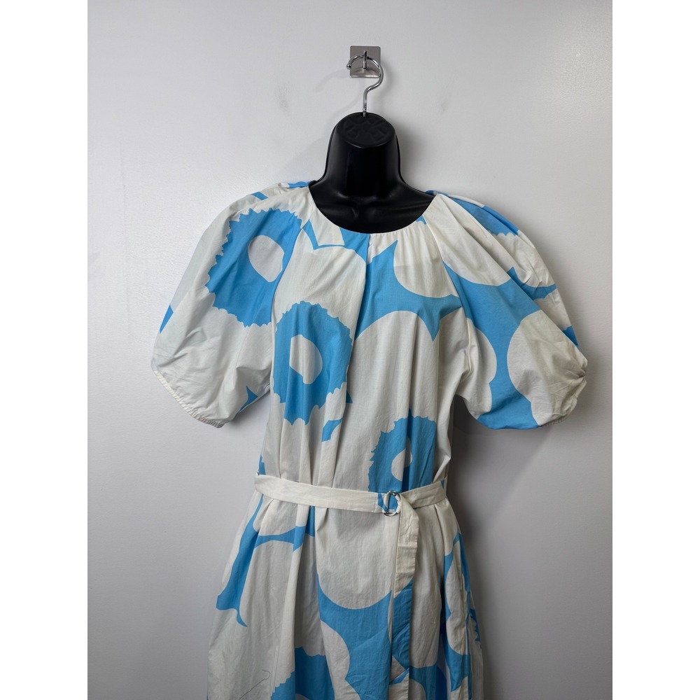 Marimekko Blue Unikko Dress Floral Puff Sleeve Belted Size 42 (US 12) Large - Picture 2 of 9